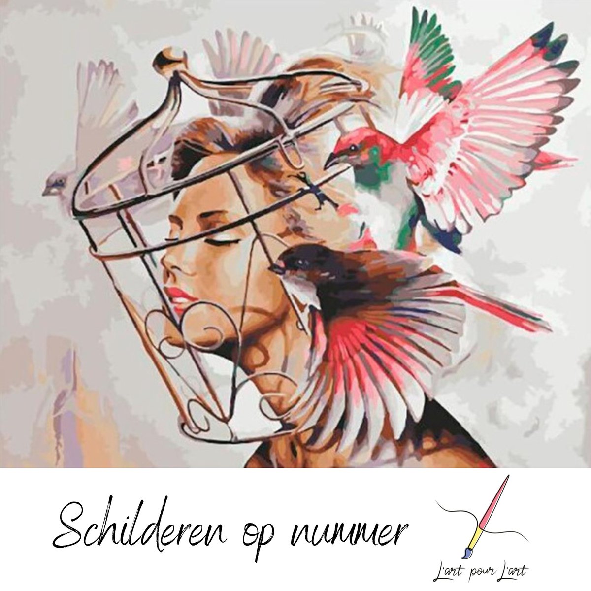 Schilderen op Nummer Volwassenen en Kinderen Lart pour Lart - Painting by Numbers - Verven op nummer - Canvas Schildersdoek - 40x50cm - Inclusief penselen – Kleuren op Nummer - Vrouw met kooi